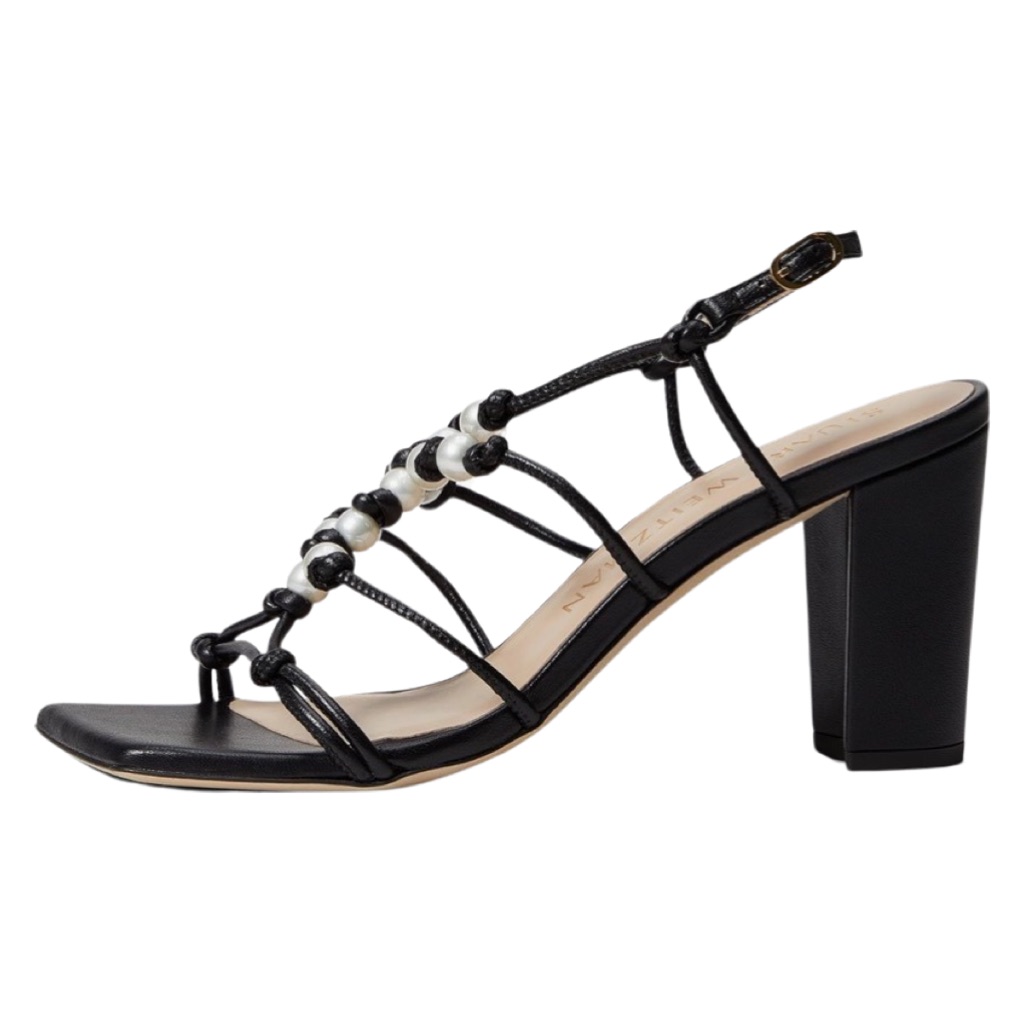 Stuart Weitzman Pearl Knot 80 Block Sandal Black White Size 9